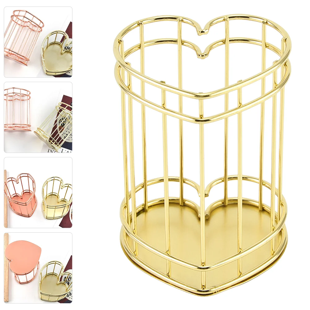 Desktop Pen Holder Iron Heart Lead Pencils Makeup Brush Pens Golden Stainless Steel