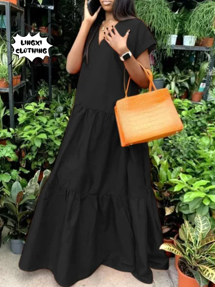 2024 Autumn Women\'s Large Size Loose Elegant Women\'s Dress V-Neck Temperament Gathering Women\'s Gown Sexy Holiday Dress