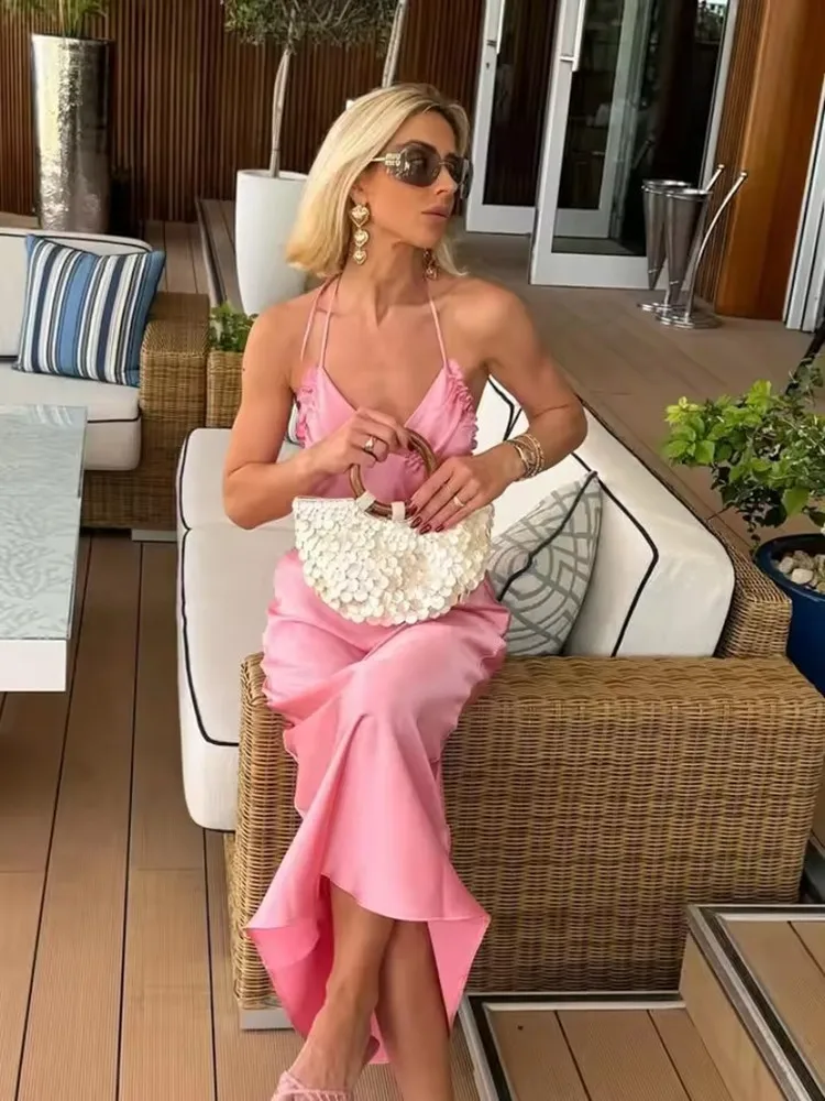 2025 Summer Stain Halter Long Dress Women Chic V-Neck Backless Wrapped Slim Robes Lady Casual Vocation Streetwear Pink Vestidos