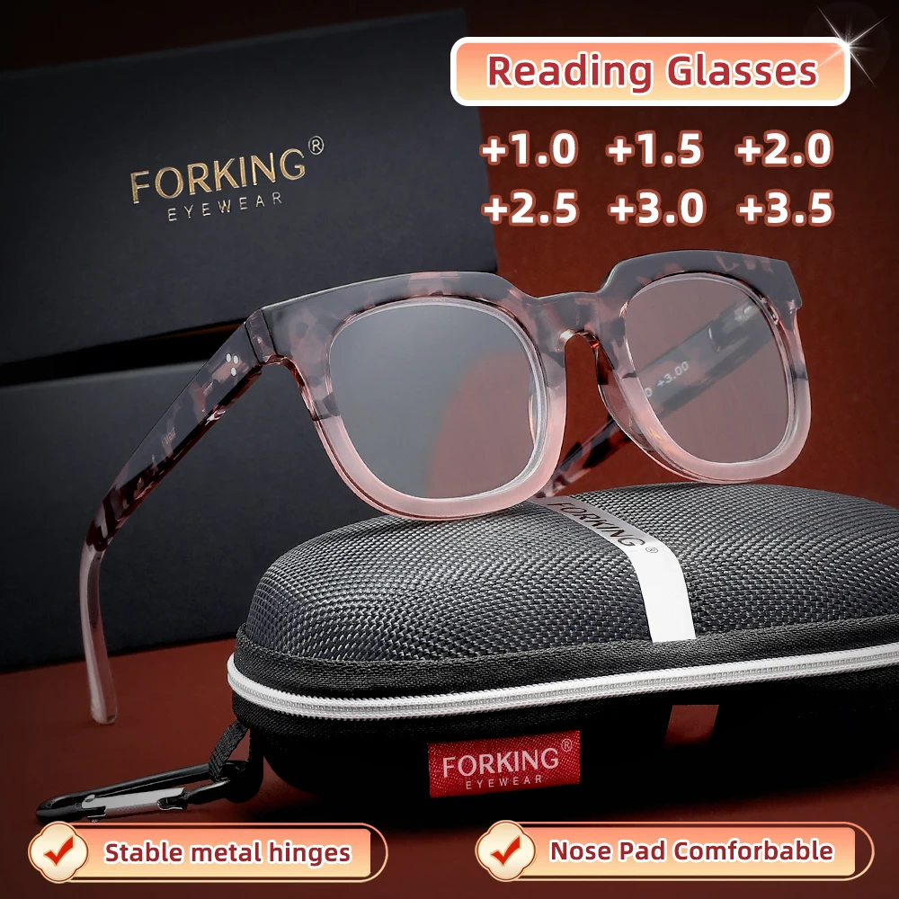 FORKING Klassische Frauen-Lesebrille, optische Linsen, Presbyopie, 1,0 ~ 3,5, blaues Licht blockierende Hyperopie-Brille in Leopardenqualität