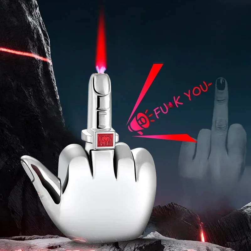 Funny Middle Finger Lighter and FUK YOU Sound Advanced Windproof Red Flame Refillable Butane Torch Lighter Smoking Men Gifts