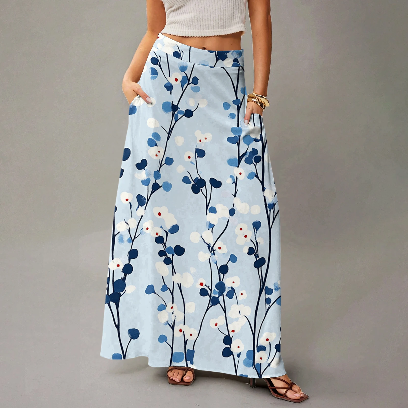 

Summer Women'S Flowing Regular Comfortable Casual High Waist Loose Floral Print Long Skirt For Shopping And Beach Vacations