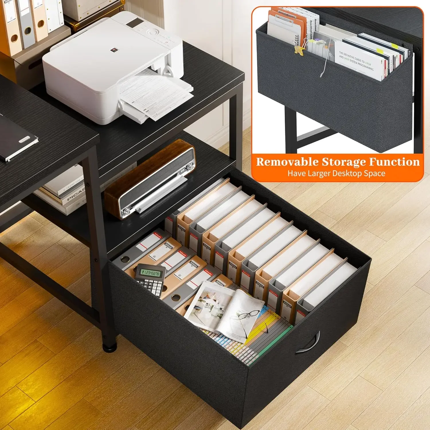 56.5" Computer Desk with Power Outlets,Home Office Desk with Fabric File Cabinet,Study Writing Gaming Desk with Monitor Shelf,Wo