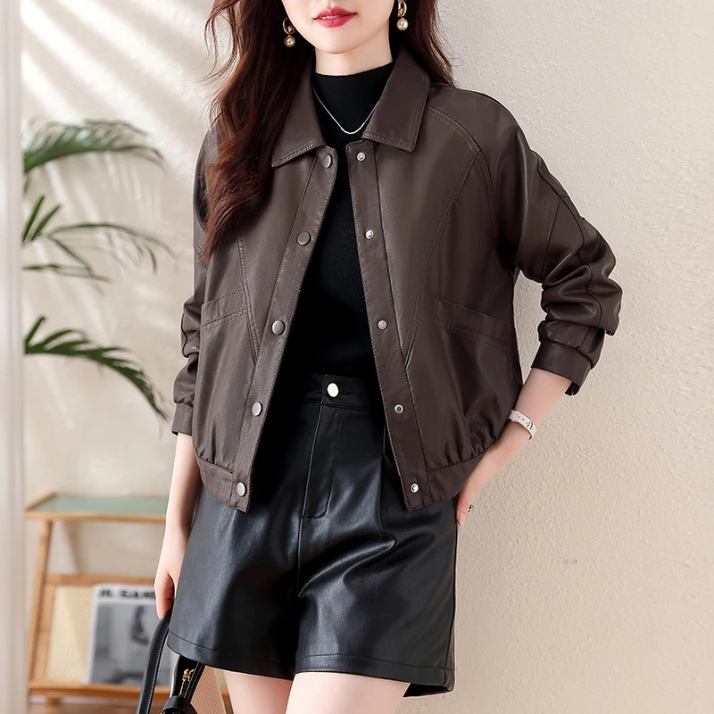 Chaqueta de Cuero E para Mujer, Estilo Nuevo 2024, Primavera Otoño, Prenda Exterior Informal de Alta Gama, Manga Larga...