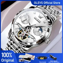 OLEVS Men's Watches Luxury Business Full Automatic Original Wristwatch Hollow Flywheel Movement Waterproof Luminous Moon Phase