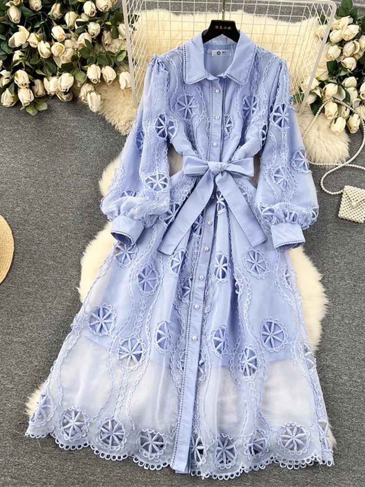 EWQ Fashion Long Dress For Women Hollow Out Design Embroidery Belt Gathered Waist A-line Long Dresses 2024 New Clothing 27C377