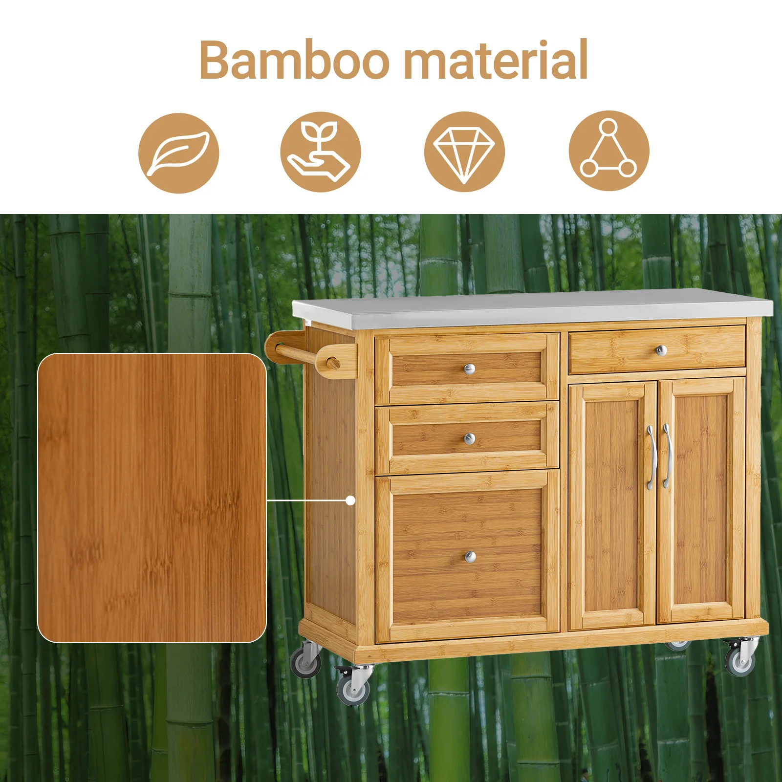 SoBuy FKW70-N Kücheninsel auf Rollen mit Edelstahl-Arbeitsplatte und Schubladen, Barwagen Natur 115x92x46cm – Detail 9