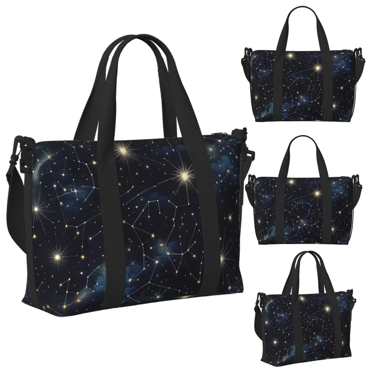 

Night Sky Golden Celestial Stars Zodiac Constellations Beach Travel Bag Tote Bags for Yoga Women Shopping Duffle Shoulder Bag