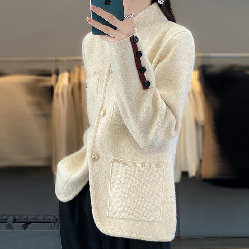 Winter Woman's Sweaters Thicken Casual Coats Female Cardigan Long Sleeve Stand-up Neck Jacket 100% Woolen Knitted Tops Outwear