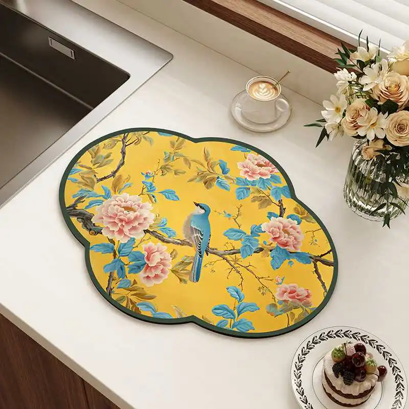 

New Chinese Style Flower Bird Kitchen Drying Mat Non-Slip Decor Coaster Heat Resistant Table Pad
