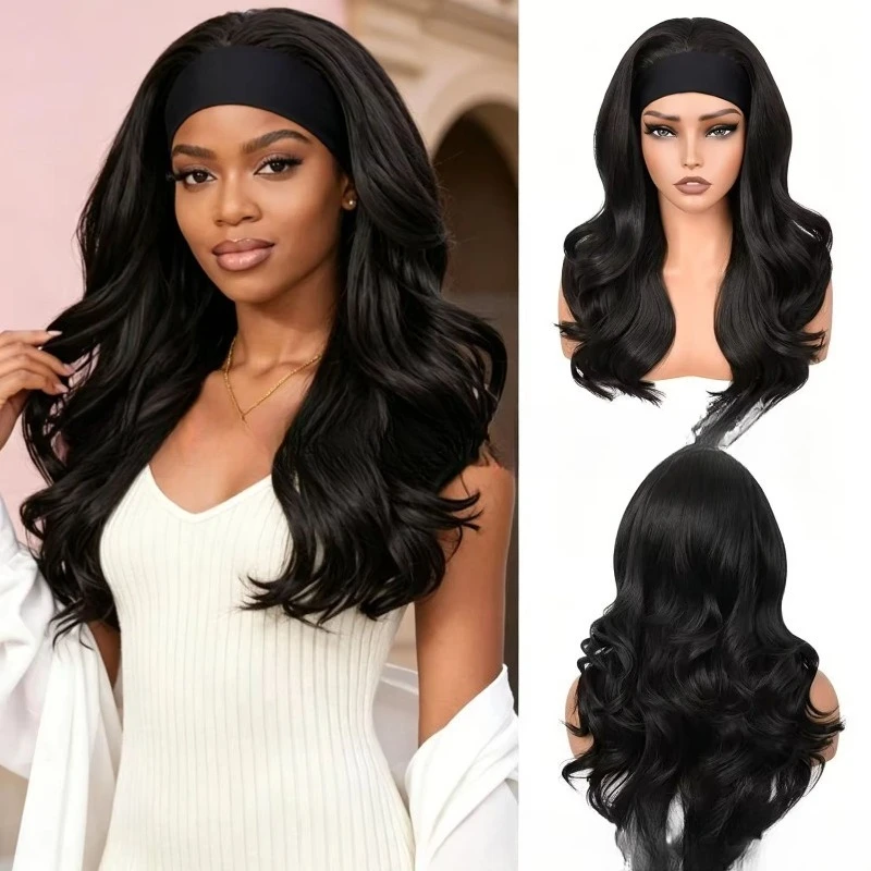 Headband Wig, Ice Silk Band Long Wavy Synthetic Hair Wig, Big Wave Full Head Wig for Women