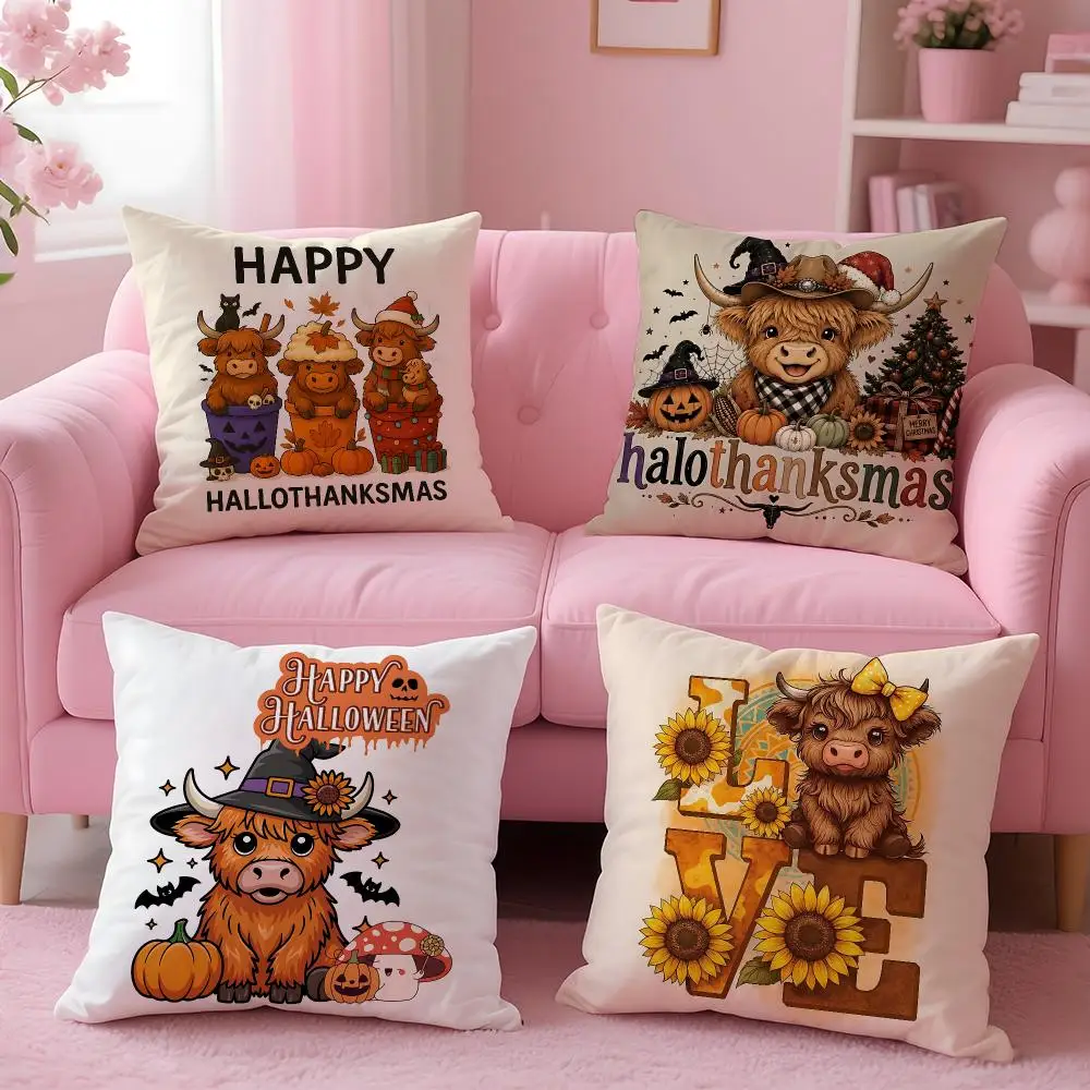 pattern Highland Cow Holiday Cushion Cover 1Pc  Cushion Cover 50x50 45x45 40x40 Pillowcase Decorative Sofa Home Decor