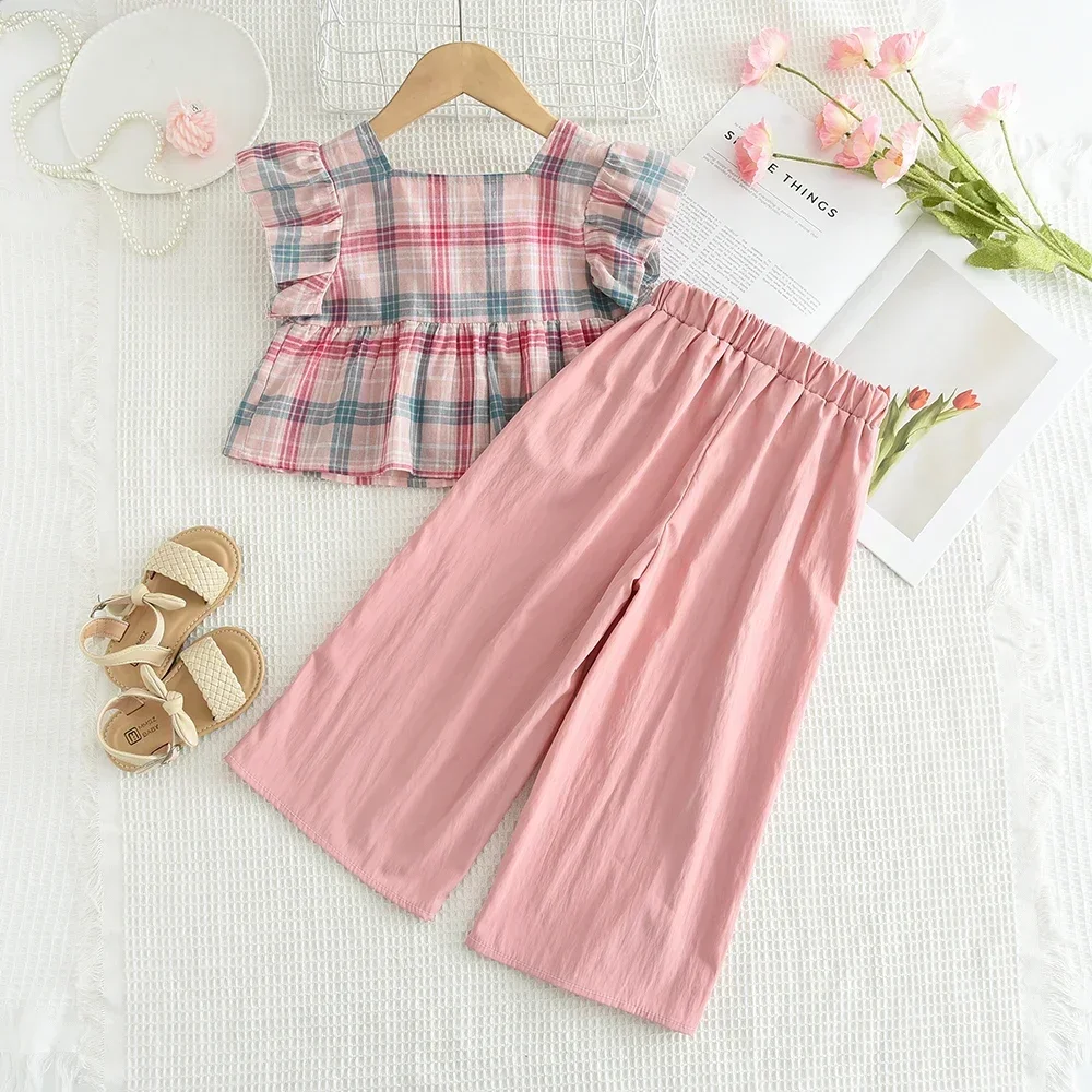 Summer New Sweet Fashion Girl Casual Suit Square Collar Single Breasted Striped Top+Wide Leg Pants Two Piece Set Korean Version