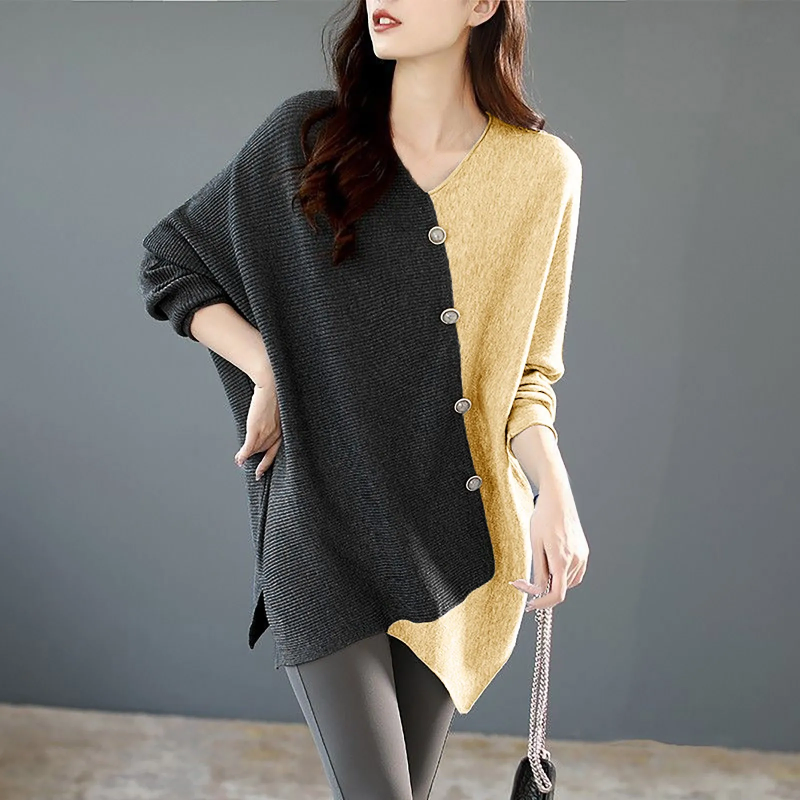 Women's Colorful Patchwork Knit Sweater Fall Fashion All-In-One Jumper V-Neck Bat-Sleeve Irregular Tops New Women Knitwear