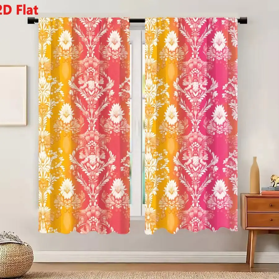 2Pcs Curtains 2D Flat Repeating Floral Damask Pattern Gradient Background Vibrant Pink to Bright Orange with Intricate White Flo