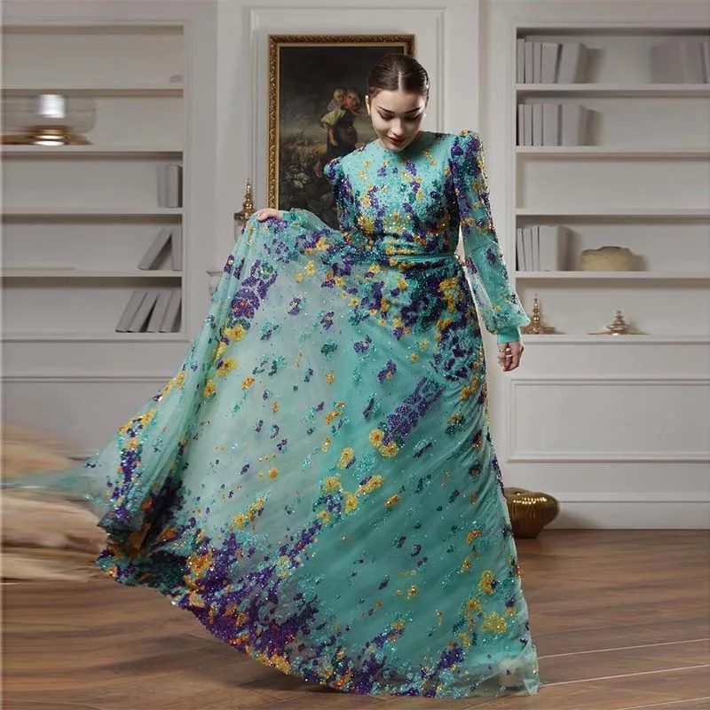 L189 New Arrival Green Puff Sleeves Colorful Beaded A-line   فساتين السهرة vestidos de fiesta  فساتين سهره evening dresses