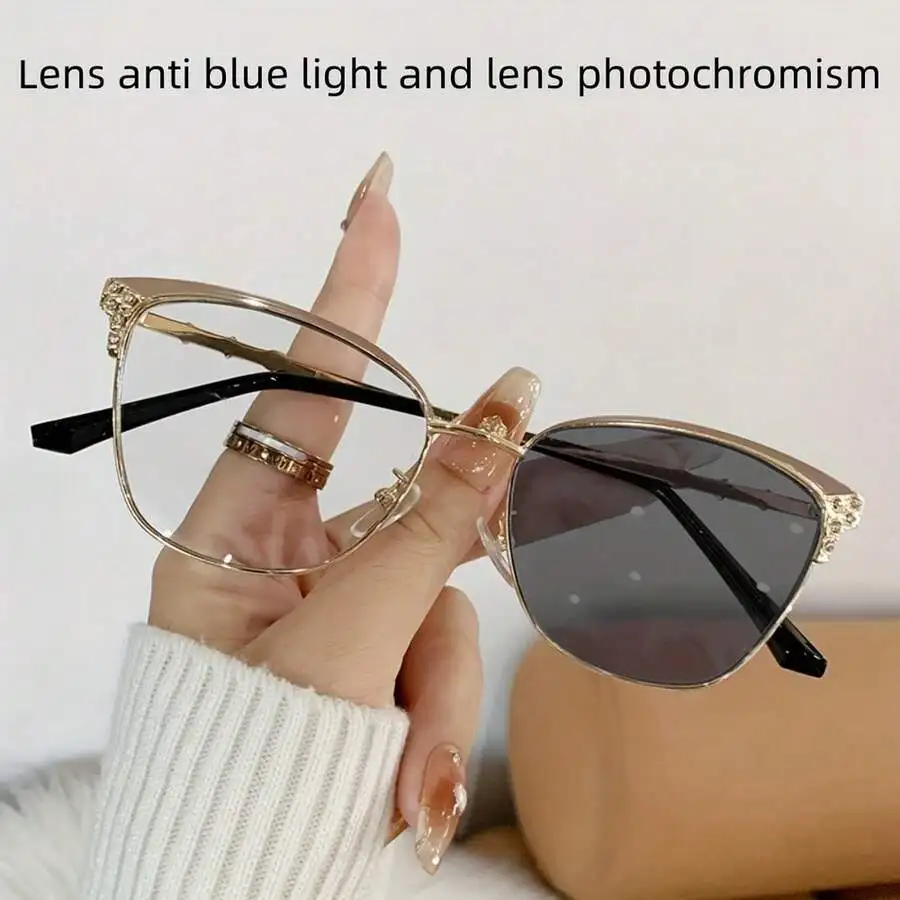 

Stylish Womens Metal Cat-Eye Eyeglasses With Diamond Decorations And Photochromic Anti Blue Light Lenses