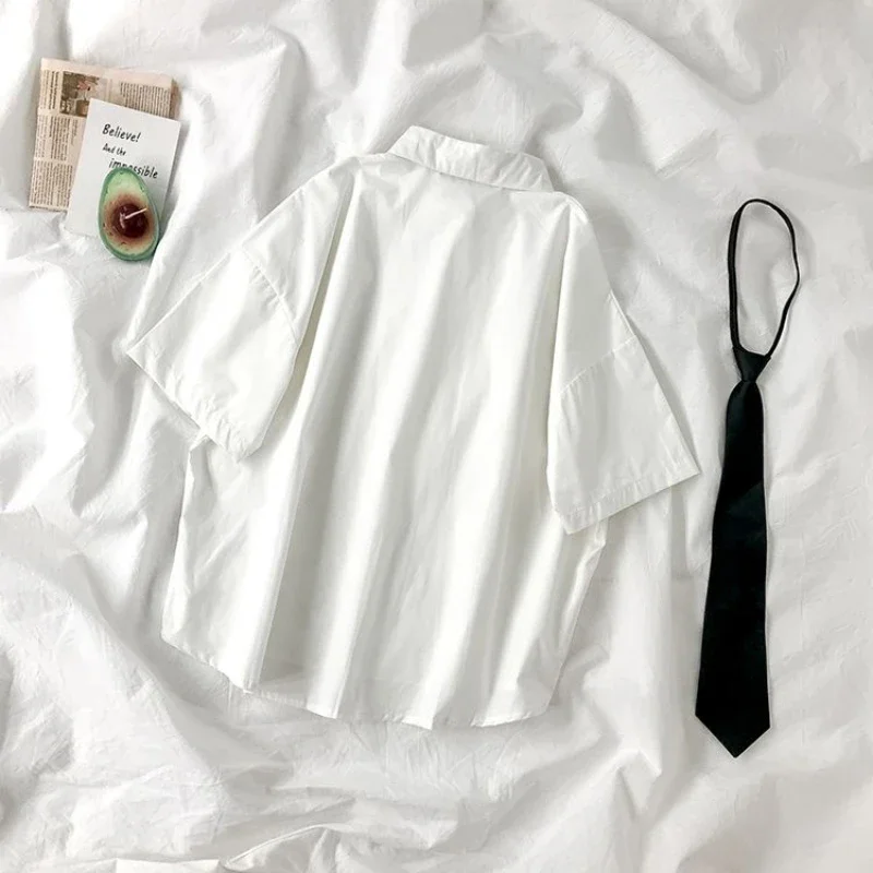 White Shirts Women Jk Japanese Tie Short Sleeve Blouses Preppy Student Summer Korean Button Up Simple Solid Loose All Match Tops