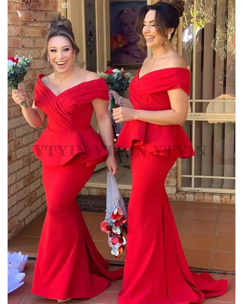 

Red Long Mermaid Bridesmaid Dresses With Peplum Women Off Shoulder Formal Wedding Party Dress Robe De Soiree De Mariage