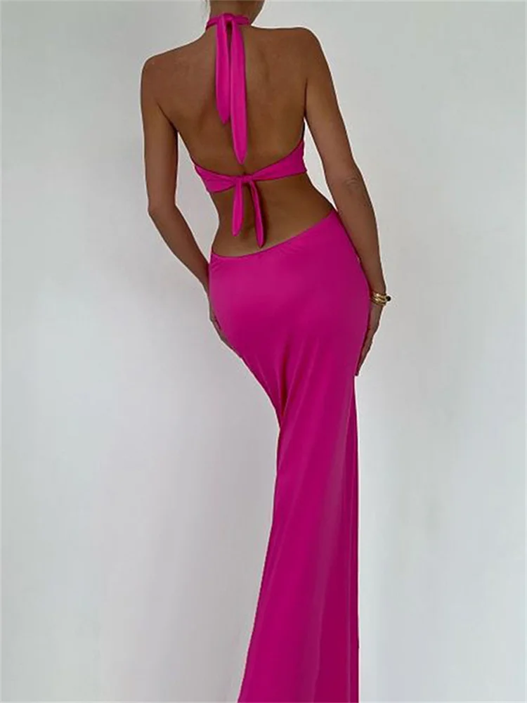 Fantoye Sexy Hollow Out Halter Neck Strap Bandage Women Backless Maxi Dress Spicy Girls Sleeveless Dress Party Streetwear 2023