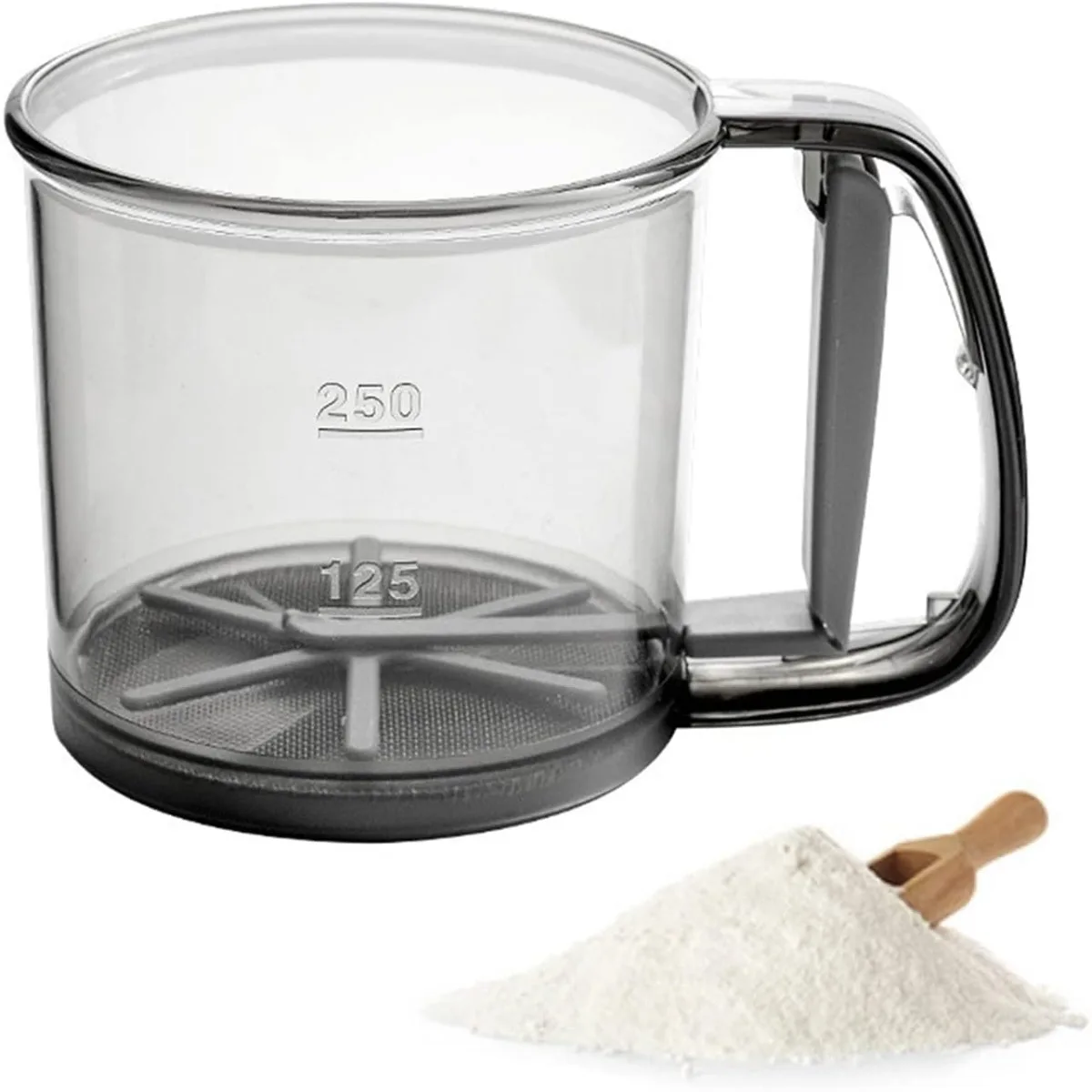 1Pcs Fine Mesh Flour Sifter with Tray Powdered Sugar Plastic Sifter One Hand Press Design Kitchen Cake Filter Baking Tool