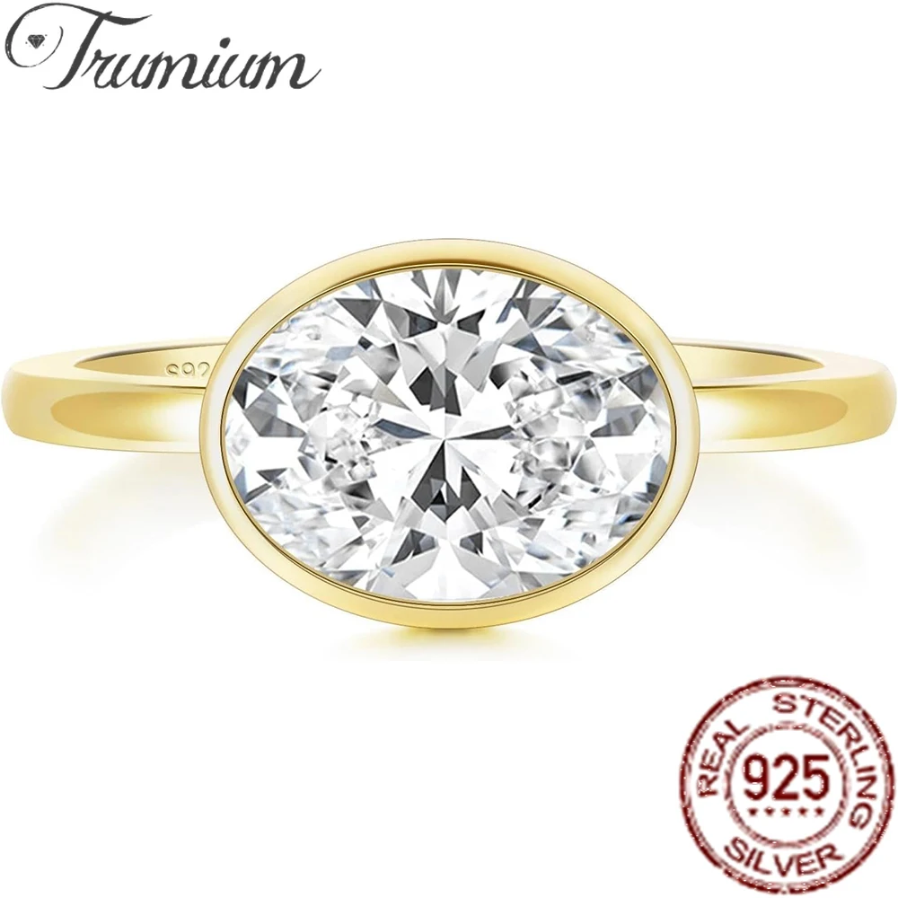 Trumium 3CT 925 Sterling Silver Oval Cut 5A Zircon Engagement Rings for Women Wedding Bands 14K Gold Plated Bezel Promise Ring
