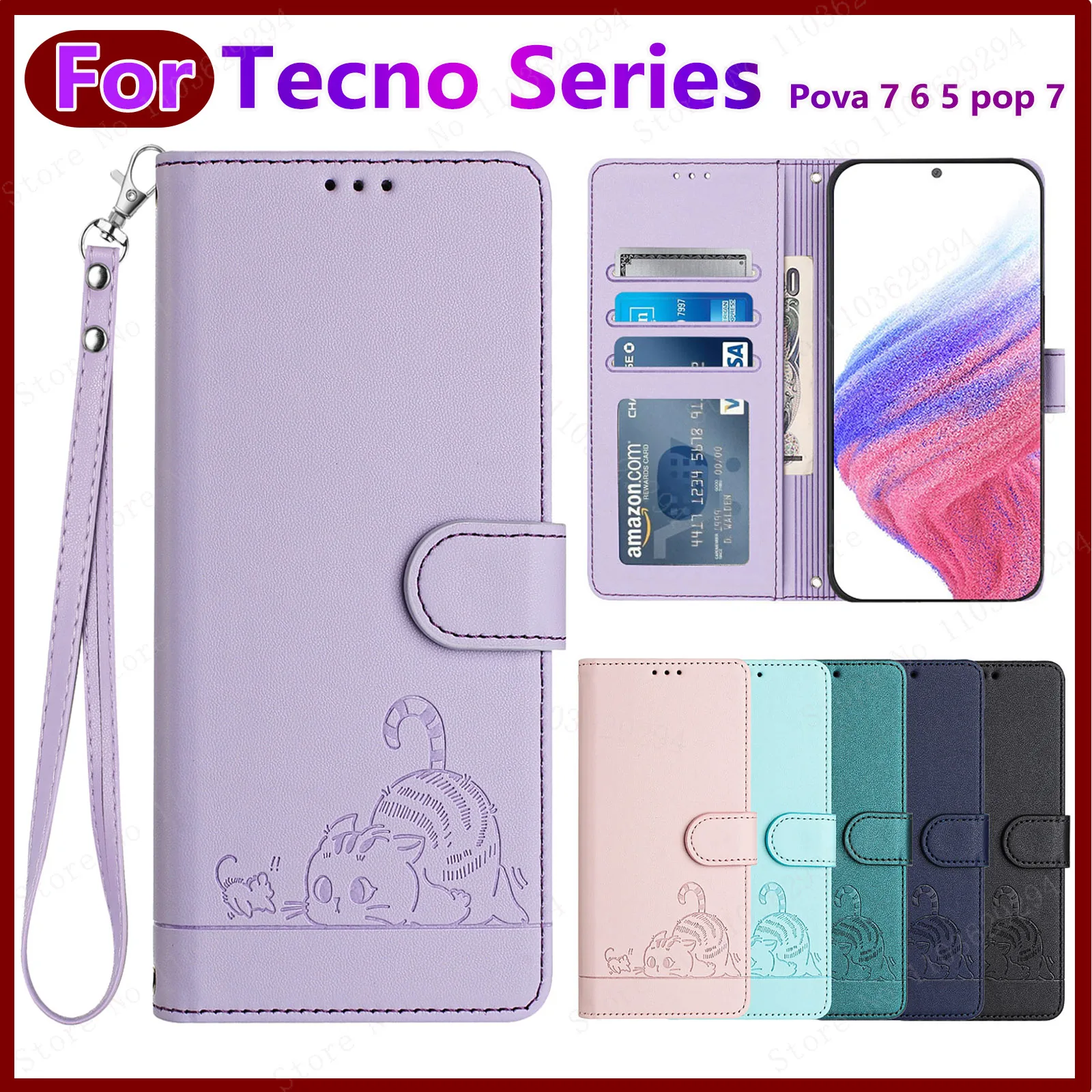 Crossbody Phone Case with Card Holder,Leather Flip Wallet,Mobile Protective Cover,Suitable for Tecno,Poco 6,5,4 Pro,Pop 7,6C,5C