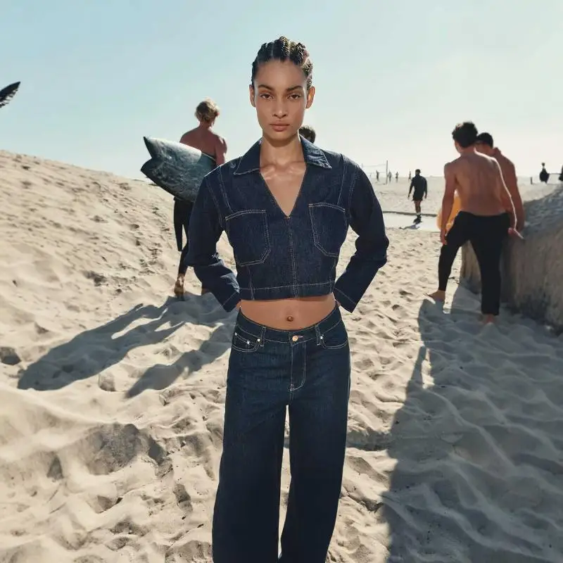 

Fall 2024 Women's Denim irt Collared Wide Leg Jeans High Waist Bootcut Jeans V Ne Long Sve ort Coat Casual Denim