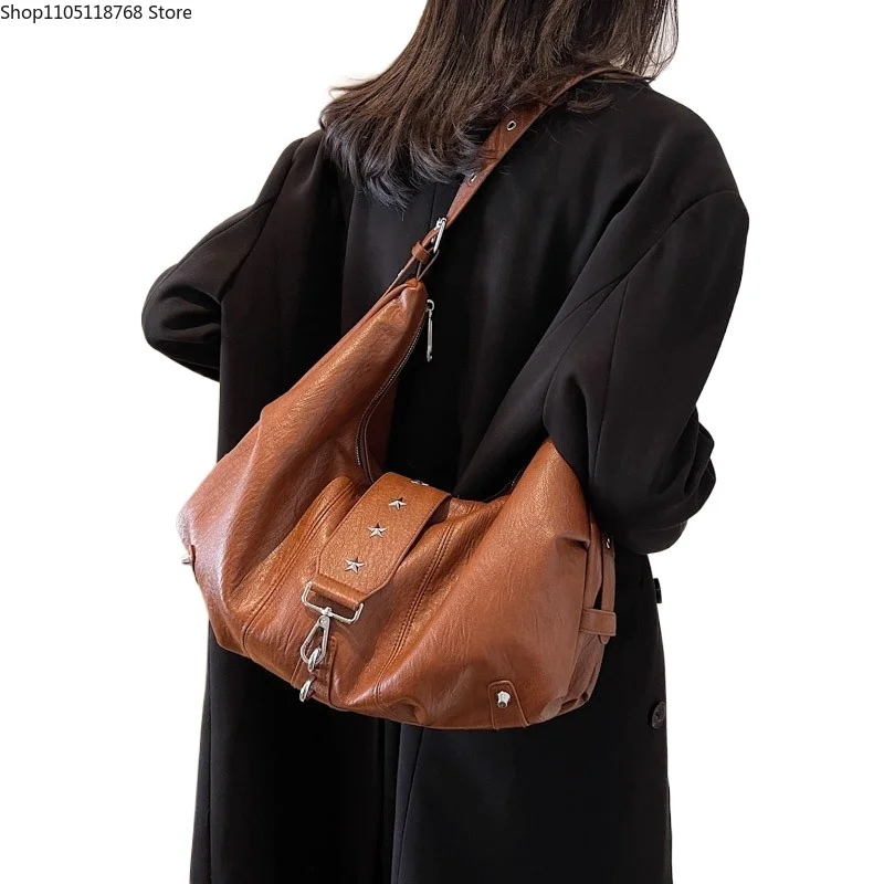 

Zipper Soft PU Crossbody Bags Retro Vintage Trendy Large Shoulder Bag Versatile Women's Casual Rivet Messenger Bag