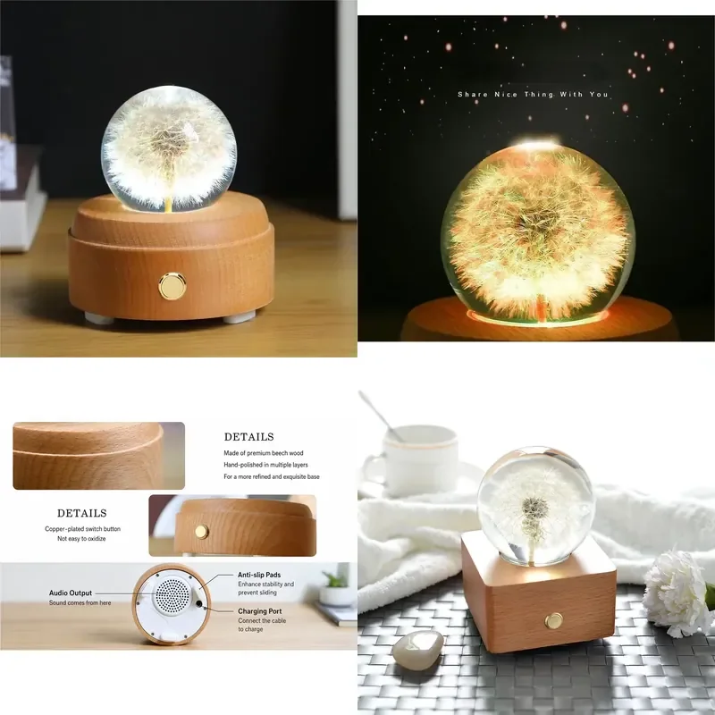 Custom Dandelion Crystal Ball Bluetooth Speaker, OEM/ODM Epoxy Resin Flower Music Box Factory, Wooden Base LED Light