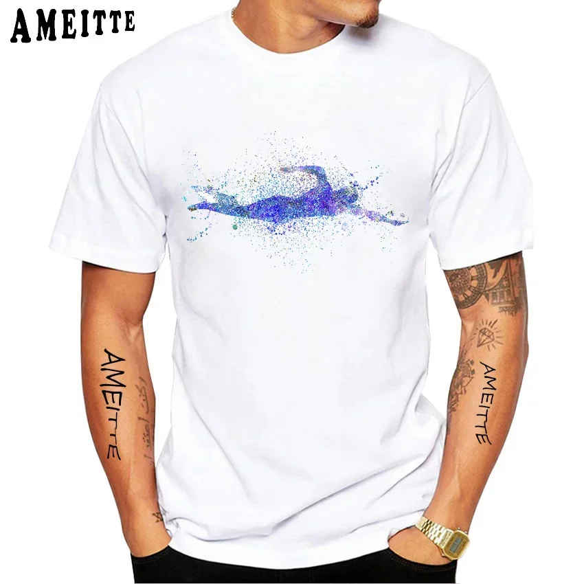 AMEITTE New Summer Men Short Sleeve Swimmer The Crawl Watercolor Print Sport T-Shirt Swimming Boy Casual Tops Funny White Tees