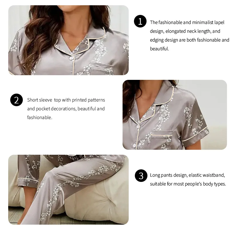 Women\'s Pajama Set Autumn Short Sleeve Sleepwear Turn-down Collar Tops & Elastic Waistband Pants Pyjama Home Clothing Loungewear