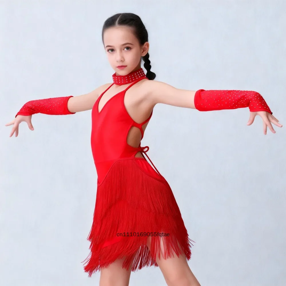Neues Mädchen Latein-Tanzkleid mit Strass-Fransen und Pailletten, Professionelles Wettbewerbs- und Auftrittskostüm für Kinder