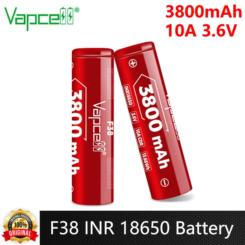 Original Vapcell F38 INR 18650 Battery 3800mah CDR 10A 3.6V Button Top & PCB 18650 Reachargeable Lithium-ion Battery For Toys