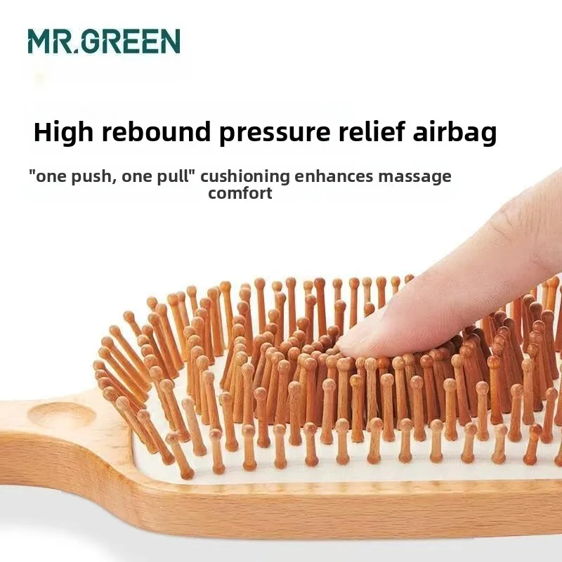 MR.GREEN Hair Brush Wide Board Massage Natural Beech Cat's Head Design Comb Gasbag Hairbrush For Dry Wet Hair Detangler Women