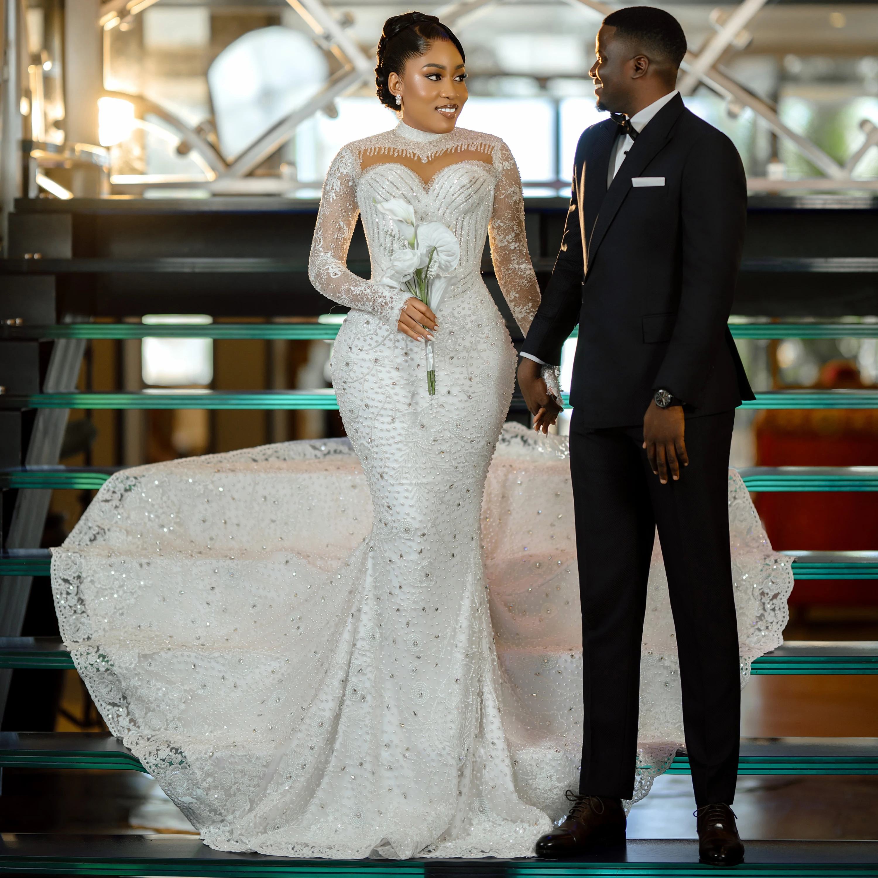 Beaded Mermaid Wedding Dresses For Women Long Lace Sheer Sleeves Bridal Gown High Illusion Neck Lace Train Plus SizeCustomized