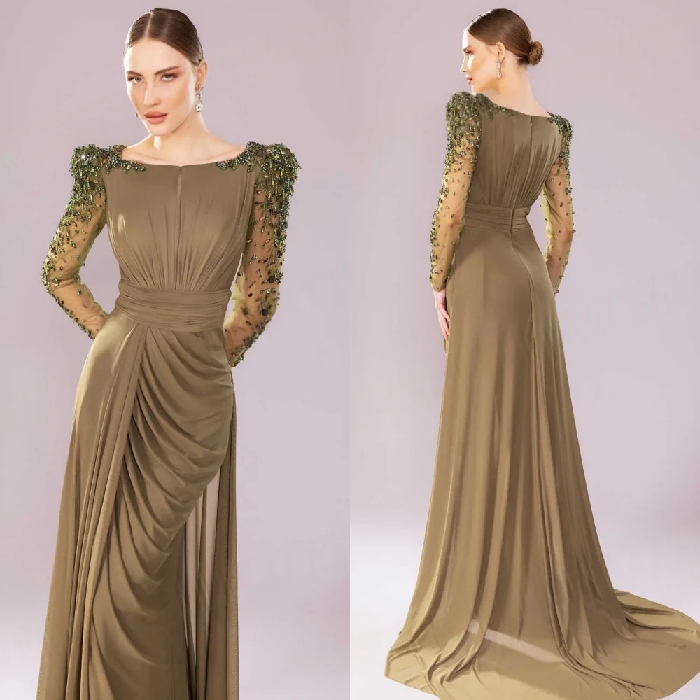 Abito da sera moderno in chiffon verde scuro personalizzato Abito da ballo squisito a maniche lunghe con scollo a cappella Abito da festa con cerniera sul retro