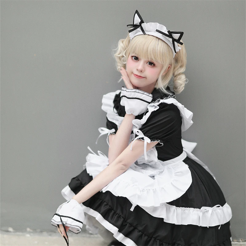 Tenue Lolita classique noire et blanche pour femme, costume de cosplay de femme de chambre anime japonaise, mini robe à manches bulles, col beurre, bourgeon de fleur