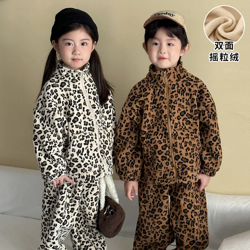 Kids 2Pcs Fleece Outfit Leopard Print Stand Collar Zip Up Jacket & Jogger Pants Boys Girls Warm Casual Set