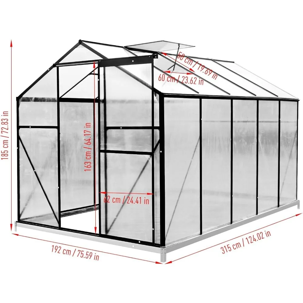 10 x 6 FT Polycarbonate Greenhouses, Heavy Duty Walk-in Aluminum Frame Greenhouse with Door & Adjustable Roof Vent