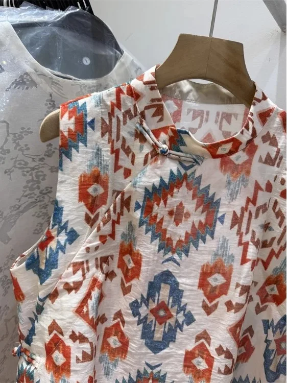 Neue Chinesische Sle Buttonl Svel Weste irt frauen Sommer Faion Retro Druck Baumwolle Top Lose Fit Casual Wear