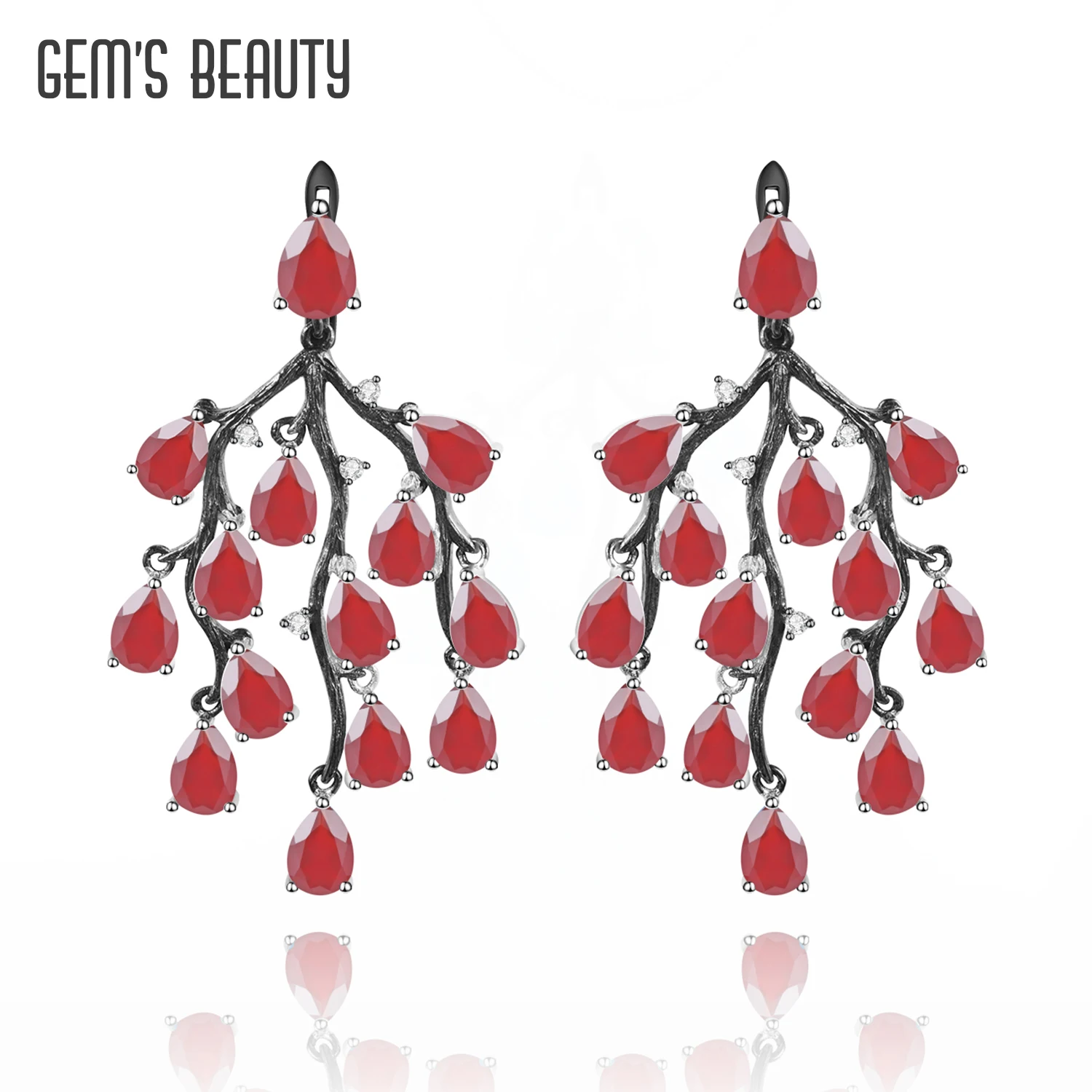 

GEM'S BEAUTY 925 Sterling Silver Pine Branch Creative Red Agate Earrings Handmade Gemstone Drop Earrings Fine Jewelry for Women