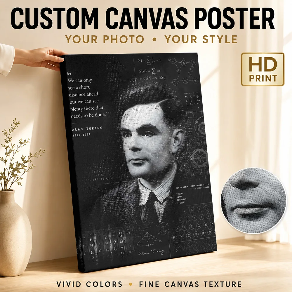 Alan Turing Computing Portrait Gallery Wrapped Canvas Print Customized Photo Monochrome Wall Art For Home Office Programmer Gift