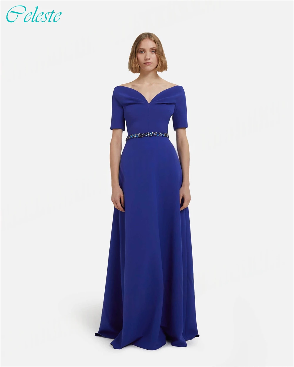 Customized A-Line Floor Length Sweetheart Elegant Celebrity Gowns Short Sleeves Evening Dress and Formal Modern Party Gowns