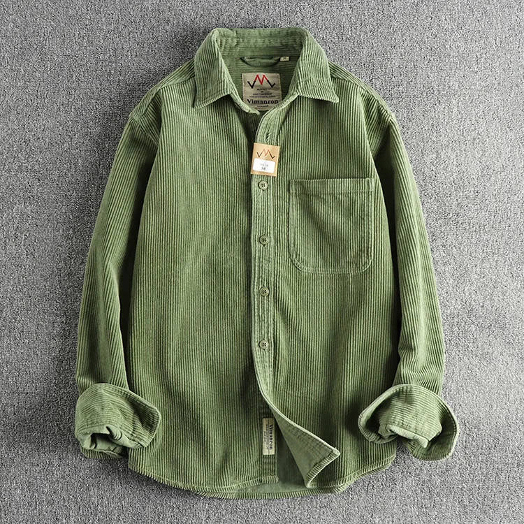 LFFMHMT Einfarbiges Cord-Vintage-Hemd für Herren, Frühlingsmode, einfache Basic-Langarmbluse, amerikanischer Stil, gute Qualität, dichte Mäntel 3