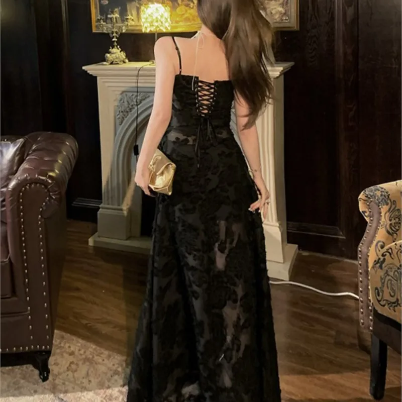 

Black see-through halter dress women's backless flirty long