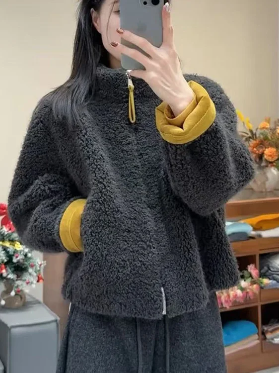 Korean Style Stand Collar Color Block Short Coat Women's Warm Furry Lamb Leather Jacket Winter New Arrival Ladies' Top