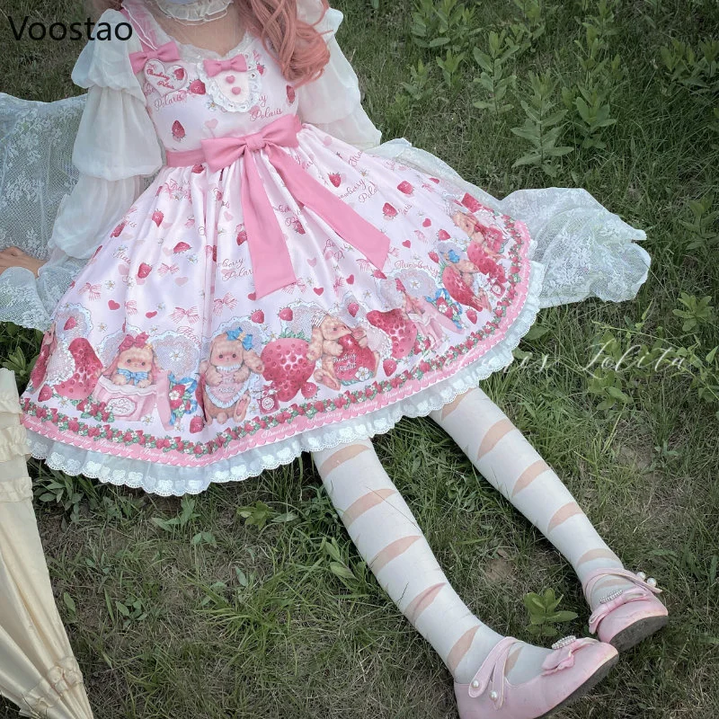 Japanese Sweet Lolita Jsk Dress Strawberry Cartoon Cute Bunny Print Princess Party Dresses Summer Girl Cute Bow Suspenders Dress