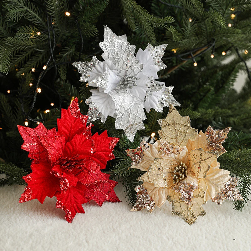 Flores artificiales de Navidad para decoración del hogar, 2 piezas, árbol de Feliz Navidad, flores falsas