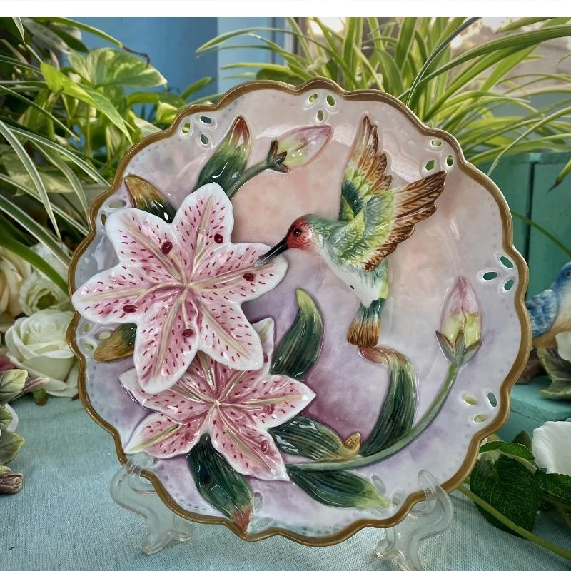 

3D Lily Hummingbird Decorative Wall Dishes Porcelain Plates Home Decor Crafts Room Decoration Accessories Figurine